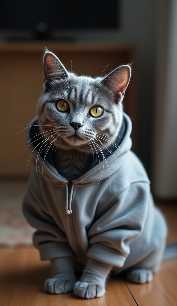 "Generate stylish super high resolution cat images, Gray cat in a sweatshirt. Use advanced macro photography techniques、Highlights the intricate details of a cat&#39;s fur。, Barbados, And expressive eyes.

Place the camera at peephole height, Create an intimate connection between the viewer and the cat subject. Large opening，Achieve a shallow depth of field, Blur the background a bit to make the cat stand out clearly.

Enhance lighting to highlight the texture and contours of your cat&#39;s body, Software included, Remove coarse shadows、, Cozy atmosphere.

Petting your cat in a relaxed position, But balanced, Express your flexibility and elegance. Capture the moment with natural movements, stretch, The beauty of pubic hair, wait., Communicate reality.

Implement post-processing techniques to improve image clarity, Contrast, And color balance, Protection on all sides, From cats&#39; complex patterns to their piercing gaze, Rendered in stunning detail.Finally 8k, Conveying the inherent kindness and grace of cats。,, Capture the moment，Celebrate your cat&#39;s unique curiosity and balance."