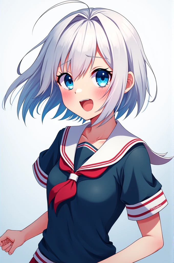 Capture of bakugou no hero Girl with short white hair,true colored eyes and one blue one,with the UA uniform, happy expression