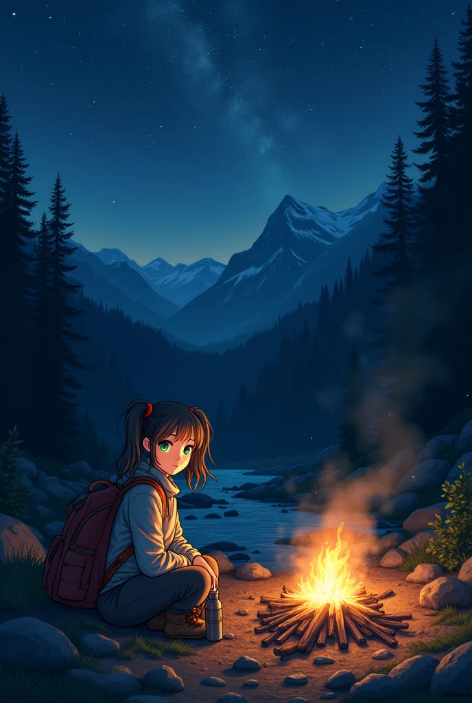 masterpiece, Best Quality, Ultra-detailed, illustration, 1 girl, Alone, outdoor, camping, evening, mountains, nature, stars, officer, Bonfires, TenTen, double ponytail, green eyes, big perky breasts, happiness, schoolbag, sleeping bag, camping stove, Water bottle, Mountain boots, gloves, sweater, has, flashlight, forest, rocks, river, wood, smoke, darkness, contrast, clear sky, constellation, Milky Way, peaceful, sereno, quiet, tranquil, remote, isolated, adventurous, exploration, Escape, Independence, survival, inventiveness, challenge, perseverancia, endurance, endurance, Observation, Intuition, adaptability, creativity, Imagination, until, inspiration, beauty, amazed, wonder, Gratitude, appreciation, chill out, enjoyment, Rejuvenation, Consciousness, awareness, Connection, harmony, balance, texture, detail, Realism, depth, perspective, Composition, Color, light, black shadows, reflection, refractions, ton, contrast, foreground, middle ground, bottom, naturalist, figurative, figurative, impressionistic, expressionist, abstracted, Innovative, experimental, Single