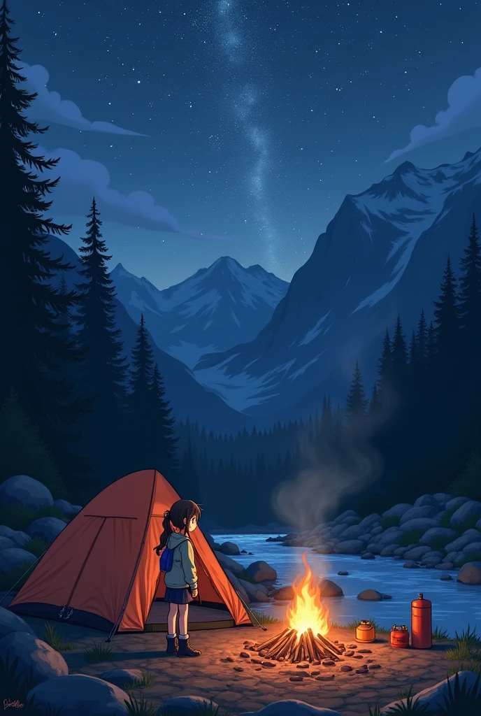 masterpiece, Best Quality, Ultra-detailed, illustration, 1 girl, Alone, outdoor, camping, evening, mountains, nature, stars, officer, Bonfires, TenTen, double ponytail, green eyes, big perky breasts, happiness, schoolbag, sleeping bag, camping stove, Water bottle, Mountain boots, gloves, sweater, has, flashlight, forest, rocks, river, wood, smoke, darkness, contrast, clear sky, constellation, Milky Way, peaceful, sereno, quiet, tranquil, remote, isolated, adventurous, exploration, Escape, Independence, survival, inventiveness, challenge, perseverancia, endurance, endurance, Observation, Intuition, adaptability, creativity, Imagination, until, inspiration, beauty, amazed, wonder, Gratitude, appreciation, chill out, enjoyment, Rejuvenation, Consciousness, awareness, Connection, harmony, balance, texture, detail, Realism, depth, perspective, Composition, Color, light, black shadows, reflection, refractions, ton, contrast, foreground, middle ground, bottom, naturalist, figurative, figurative, impressionistic, expressionist, abstracted, Innovative, experimental, Single