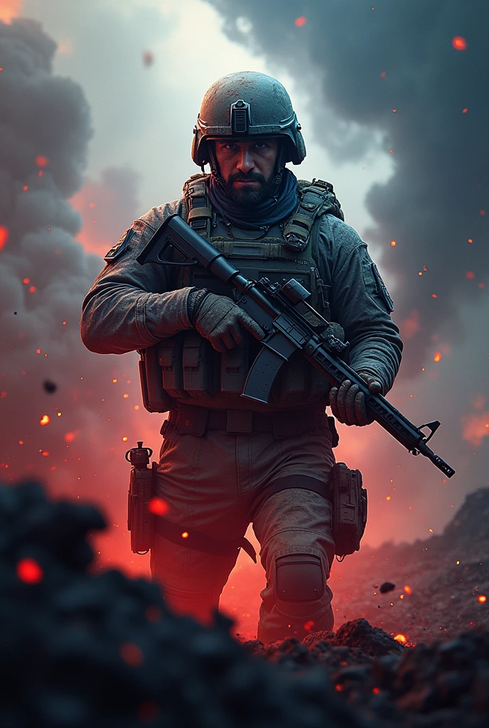 A Ghost Call of Duty soldier with many explosions