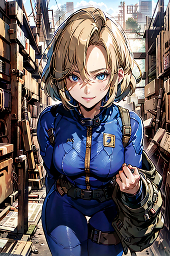 ((best quality)), ((masterpiece)), (detailed), 1girl, perfect face, happy face, smile, perfect hands, five finger, Fallout, portrait from the waist up, facing the camera, Crypt suit, perfect eyes, blue crypt suit, short blonde hair, slanted fringe, little cleavage showing, giving thumbs up sign,