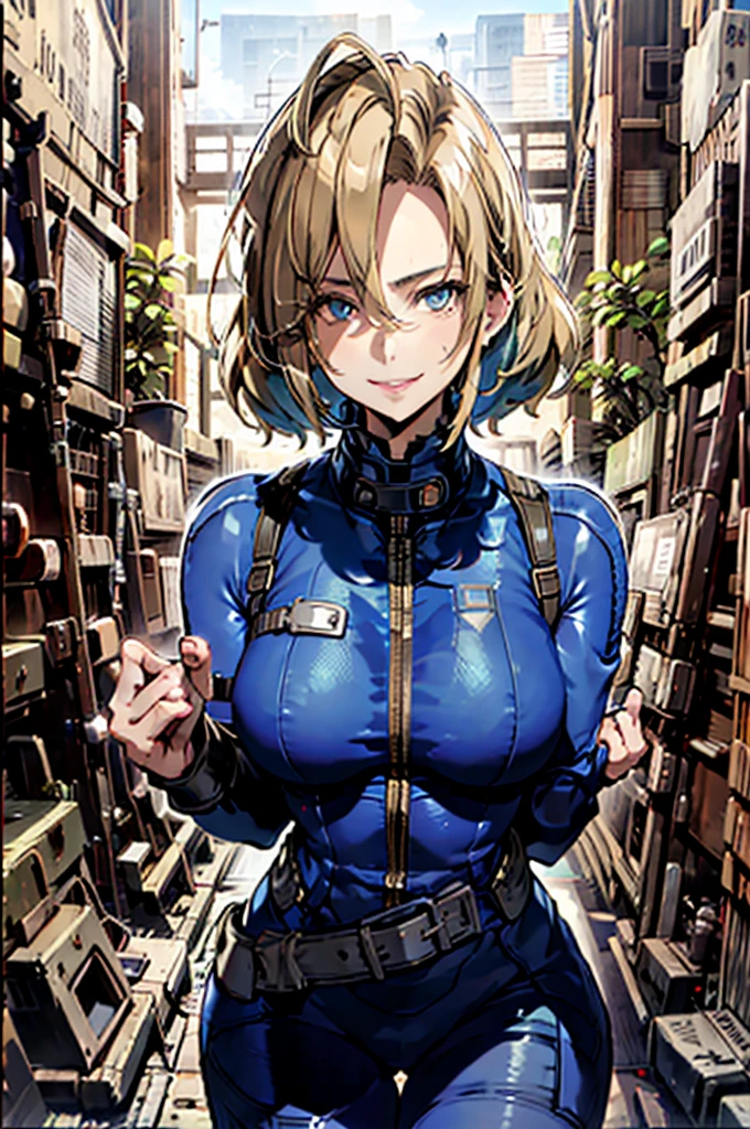 ((best quality)), ((masterpiece)), (detailed), 1girl, perfect face, happy face, smile, perfect hands, five finger, Fallout, portrait from the waist up, facing the camera, Crypt suit, perfect eyes, blue crypt suit, short blonde hair, slanted fringe, little cleavage showing, giving thumbs up sign,