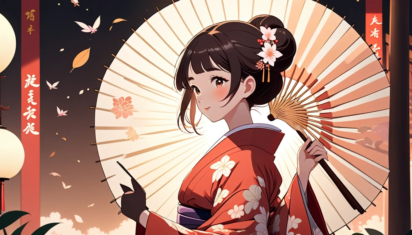 A woman in a kimono holding a folding fan、 Wide-angle lens, Lofi Anime, Lofi illustration, Aesthetic atmosphere, Lo-Fi Style, Vector art, Flat Design, Simple shape, Warm tones, Pleasant atmosphere, Chill, In anime style, Digital drawing, Vector art, Vector logo for t-shirt printing, (Adorable:1.5), (small:1.4), (Playful:1.2), (soft:1.3), (Whimsical:1.1), masterpiece, Highest quality, 8k, Intricate details, grow, Celestial, Mysterious, Picturesque, amazing, Majestic, Magic, Fantasy art, Cover art, dream-like