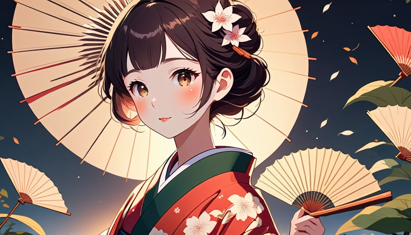 A woman in a kimono holding a folding fan、 Wide-angle lens, Lofi Anime, Lofi illustration, Aesthetic atmosphere, Lo-Fi Style, Vector art, Flat Design, Simple shape, Warm tones, Pleasant atmosphere, Chill, In anime style, Digital drawing, Vector art, Vector logo for t-shirt printing, (Adorable:1.5), (small:1.4), (Playful:1.2), (soft:1.3), (Whimsical:1.1), masterpiece, Highest quality, 8k, Intricate details, grow, Celestial, Mysterious, Picturesque, amazing, Majestic, Magic, Fantasy art, Cover art, dream-like