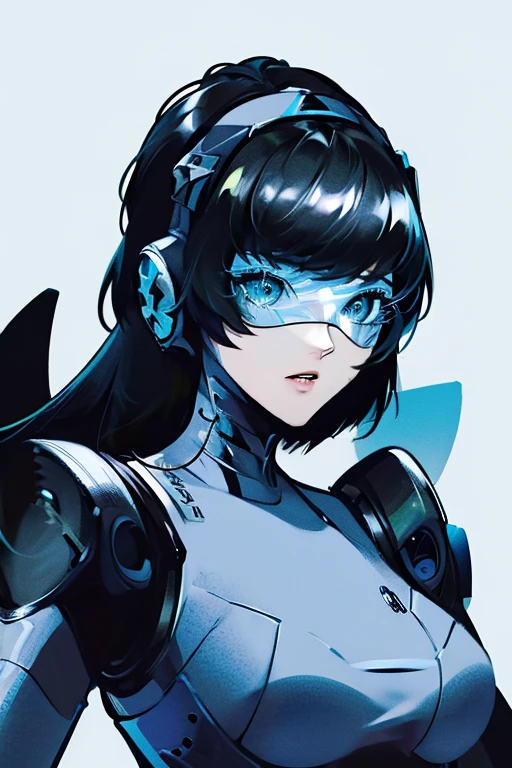 empty eyes,robotized woman ,big bust,Robot Joint ,Metal skin,Black Suit,long hair,a suit that covers the whole body,aegis(persona3)