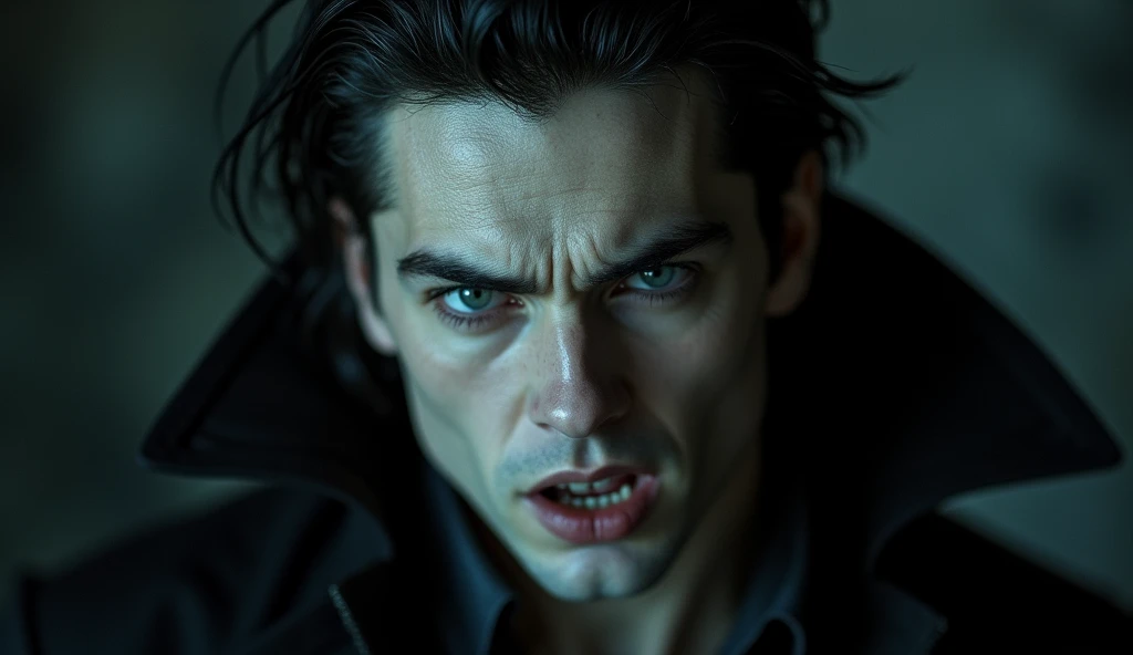 a sexy male vampire looking at the camera, with mouth open showing fangs