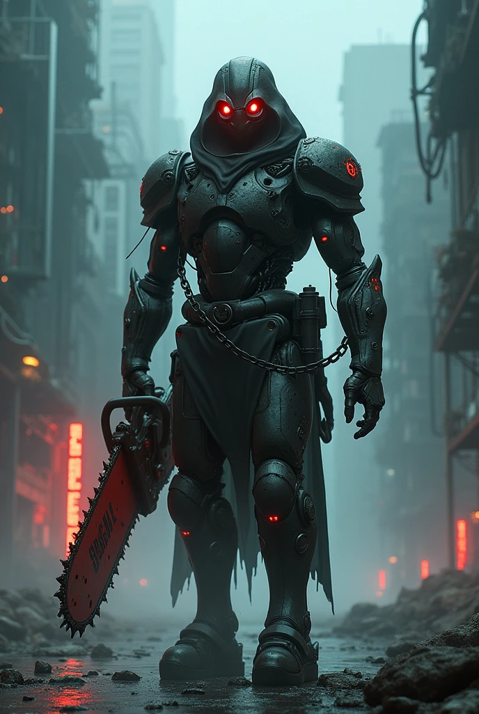 Dark_fantasy,cyberpunk,(chain saw,chain saw man,Red:1.1),1man,Mechanical marvel,Robotic presence,Cybernetic guardian,