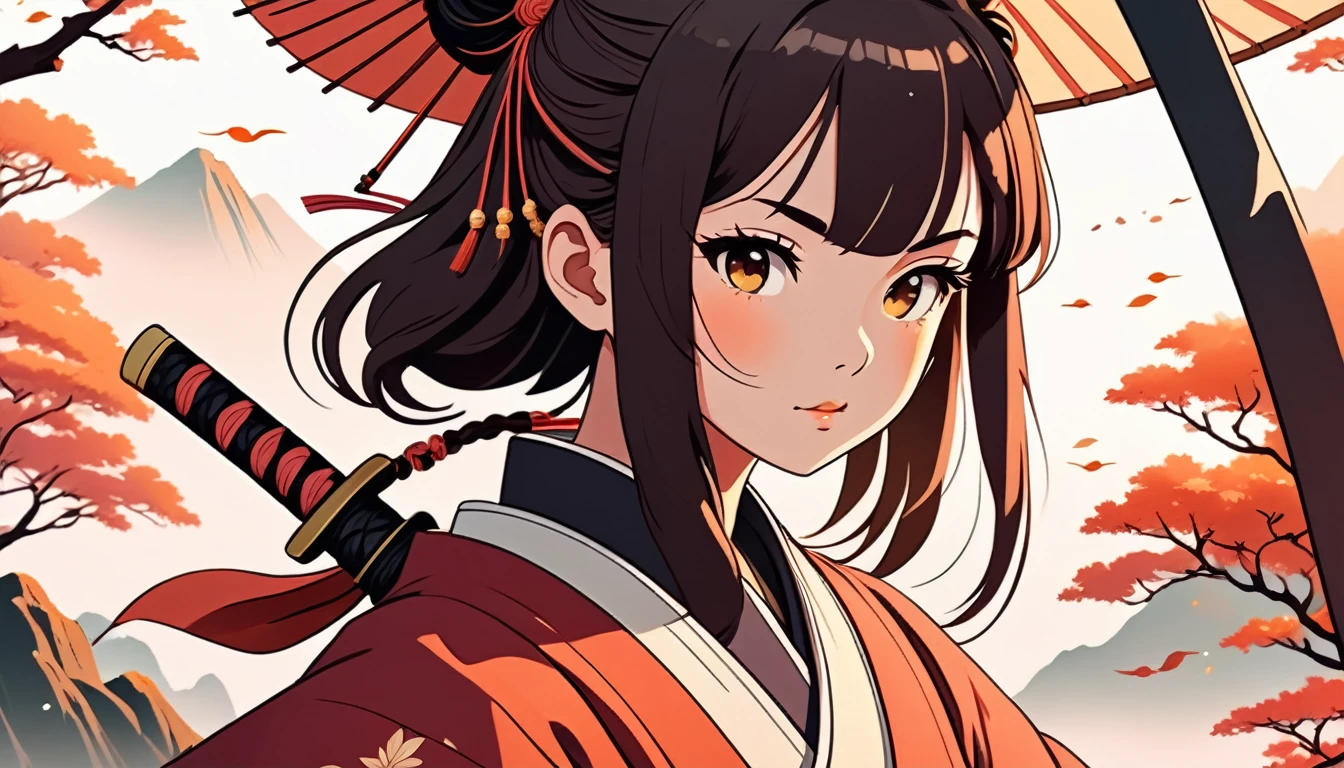 Female samurai, Wide-angle lens, Lofi Anime, Lofi illustration, Aesthetic atmosphere, Lo-Fi Style, Vector art, Flat Design, Simple shape, Warm tones, Pleasant atmosphere, Chill, In anime style, Digital drawing, Vector art, Vector logo for t-shirt printing, (Adorable:1.5), (small:1.4), (Playful:1.2), (soft:1.3), (Whimsical:1.1), masterpiece, Highest quality, 8k, Intricate details, grow, Celestial, Mysterious, Picturesque, amazing, Majestic, Magic, Fantasy art, Cover art, dream-like