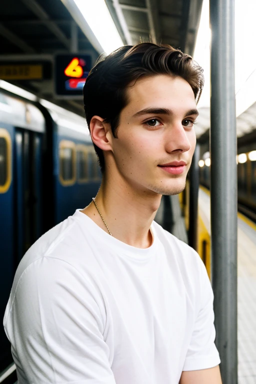 Young cute and handsome skinny white face beautiful soft skin 27 years old waiting for a train