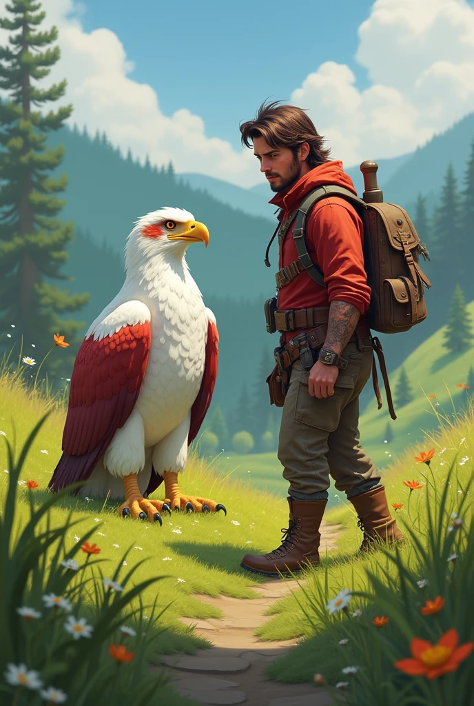 Treasure hunter in the meadow white-red eagle with folded wings