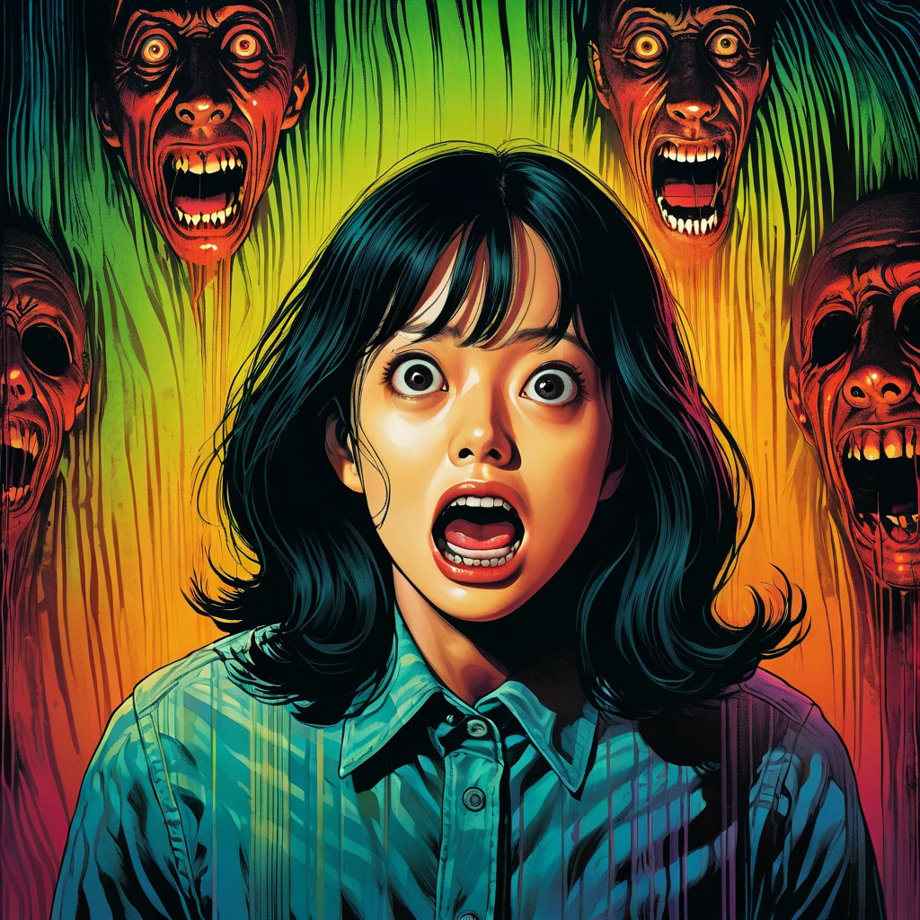 Horror illustration with a Toshio style of the attack of demonic beings on a young girl. Close to the woodcut technique.
