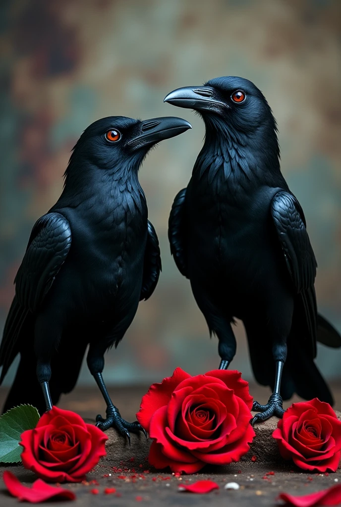 two crows with a gothic background and red roses on the floor
