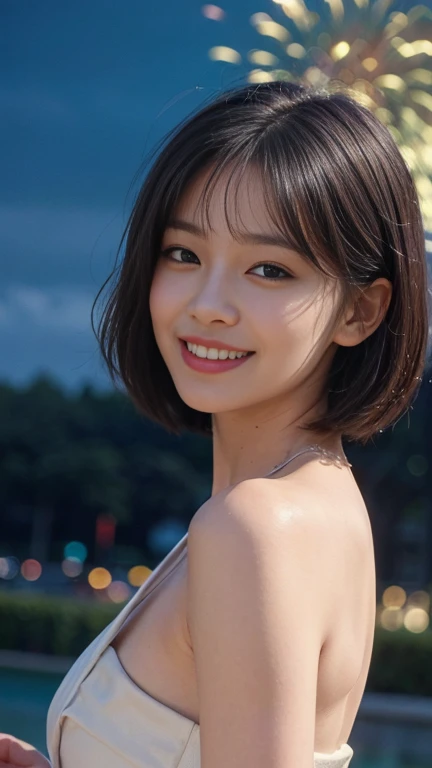 a detailed beautiful woman with short bob haircut wearing kimono, looking back with closed eyes and smiling, surrounded by fireworks, cinematic lighting, vibrant colors, extremely detailed, (1 girl:1.3),(Masterpiece:1.4),(solo:1.4),(high detail,4k,8k,photo-realistic,hyper-detailed:1.37),(artist:1.2),hair ornament,big bust,happy expression,low angle shot,nude