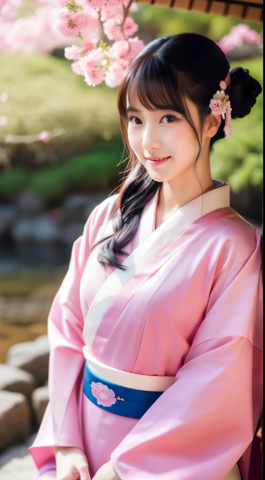Pink base, smile, 最high quality、high quality、Best image quality、8k、最High resolution、High resolution、temple, Realistic photos, Healthy body, Beautiful Eyes, Flowing black hair, Colorful kimono, Calm expression, Soft lighting, Traditional Japanese art style, Vibrant colors, Peaceful atmosphere, Delicate features, Graceful posture, Beautiful Landscape