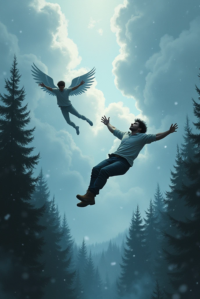 Book cover with a man falling unconscious from the sky on his back (Below it there is a forest) and a man with wings trying to reach him (There are many clouds above him) and it's snowing a little