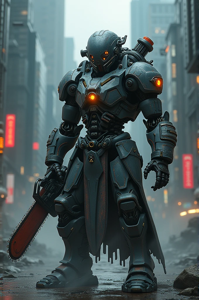 Dark_fantasy,cyberpunk,(chain saw,chain saw man,Red:1.1),1man,Mechanical marvel,Robotic presence,Cybernetic guardian,