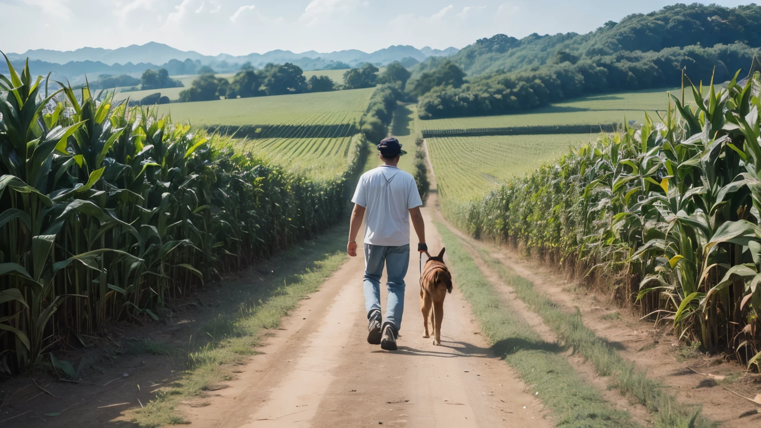 create a good quality and resolution image of a corn plantation and in the distance in the middle of it a happy person walking with his dog