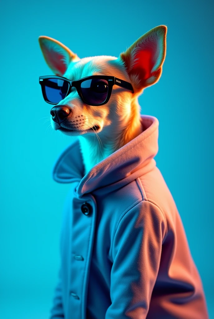 The best cell phone wallpaper, Award-Winning Wallpaper, portrait photography, In the front view is a portrait of a cute dog wearing mid-1960s space age fashion, Side view photo, Shot with Canon EOS R5, Set a strong contrast that accentuates the subject, Fluorescent blue tone, Wearing a very modern coat and sunglasses is a modern 1960s style, Clothes all in one color, beautiful background