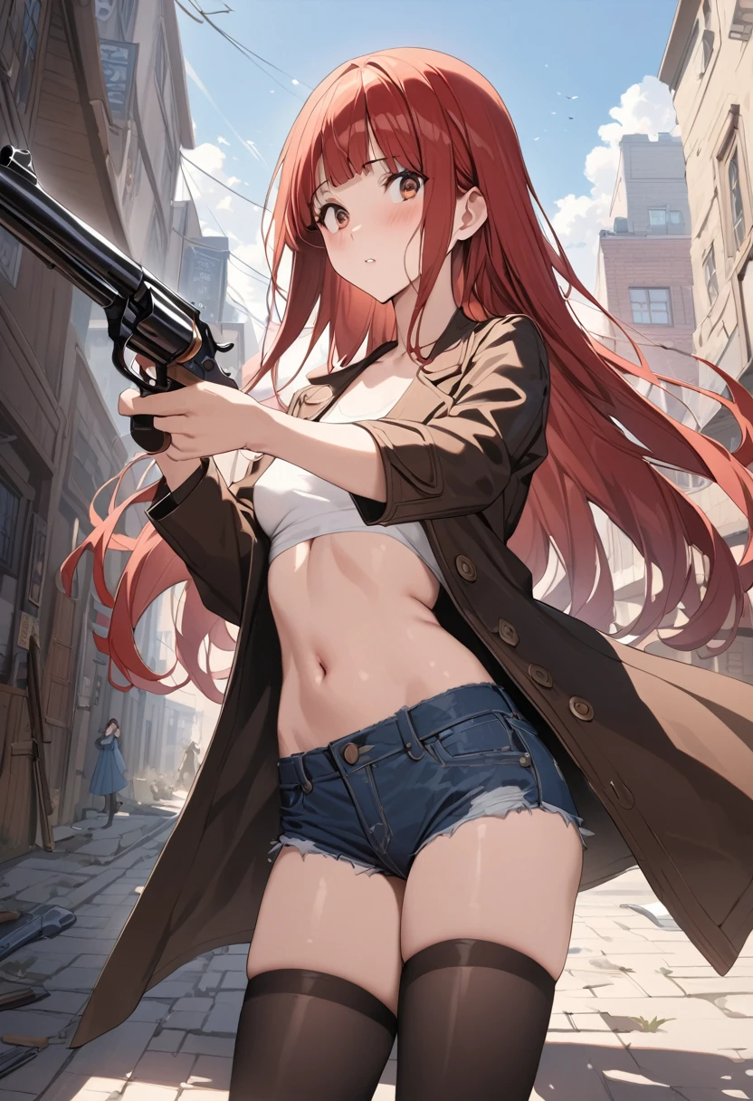 akeginu, masterpiece,best quality, highres,absurdres, intricate details,highly detailed skin, 1girl, solo, black hair, black makeup, lipstick, long hair, hair over one eye, large breasts, red lips,
(movie composition), amazing composition, depth of field, indirect lighting, ambient lighting, , (dynamic colors),
(sexy expression), evil grin, masterpiece, best quality, highly detailed, a girls with a gun, evil smile , open mouth, sexy gaze, badass
pose , evil smile, smile, (nsfw) not safe for work, guns blazing, anime girl with long hair, beautiful long
haired girl, navel, evil expression, exposed belly, exposed navel, exposed midriff, exposed lower belly,
long black pants, crop top, cleavage, unbuttoned leather pants ,open fly, low rise black leather pants,
leather jacket, holding a gun, outdoor,street,road,