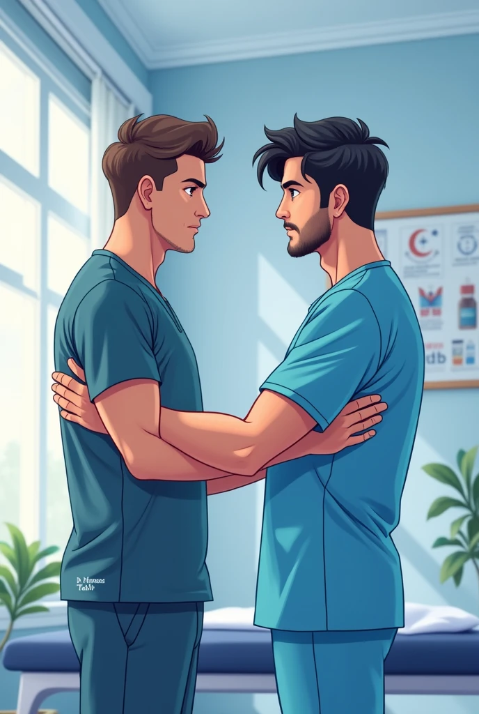 Imagine a physiotherapist with name as Dr. Hamees Tahir written on scrub helping a male patient in T shirt to do back exercise anime