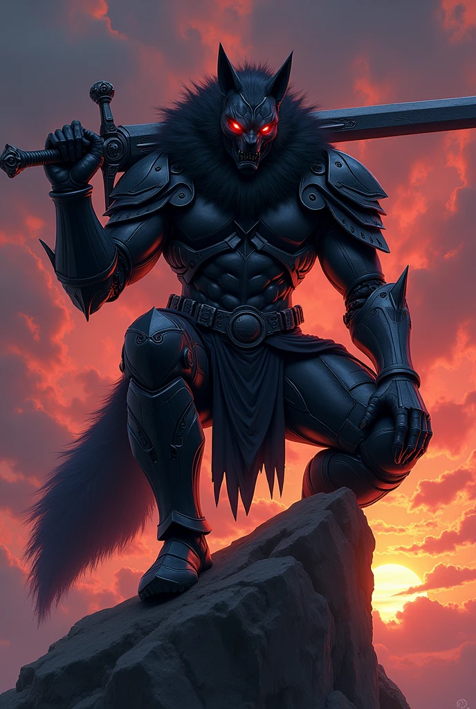 Guts (Berserk), Digital painting featuring a dark, fantasy-themed scene with anatomically correct human Guts berserk proportions, inspired by the style of Kentaro Miura, with a Seinen manga aesthetic. The layout is vertical, with the central subject being a humanoid figure in highly detailed, elaborate, dark armor, perched on a jagged rock formation. The figure has a wolf-like helmet with glowing red eyes and is holding a large, menacing sword over its shoulder. The armor is intricately detailed with sharp, angular designs and a fur-like texture around the shoulders and waist, showcasing a high level of realism. The background is a dramatic, stormy sky with hues of red, purple, and orange, suggesting a sunset or sunrise. The image is rendered in high-quality 4K resolution, with a focus on super detail and realistic textures. "Artvision1999", anatomically correct, super detail, high quality, 4K