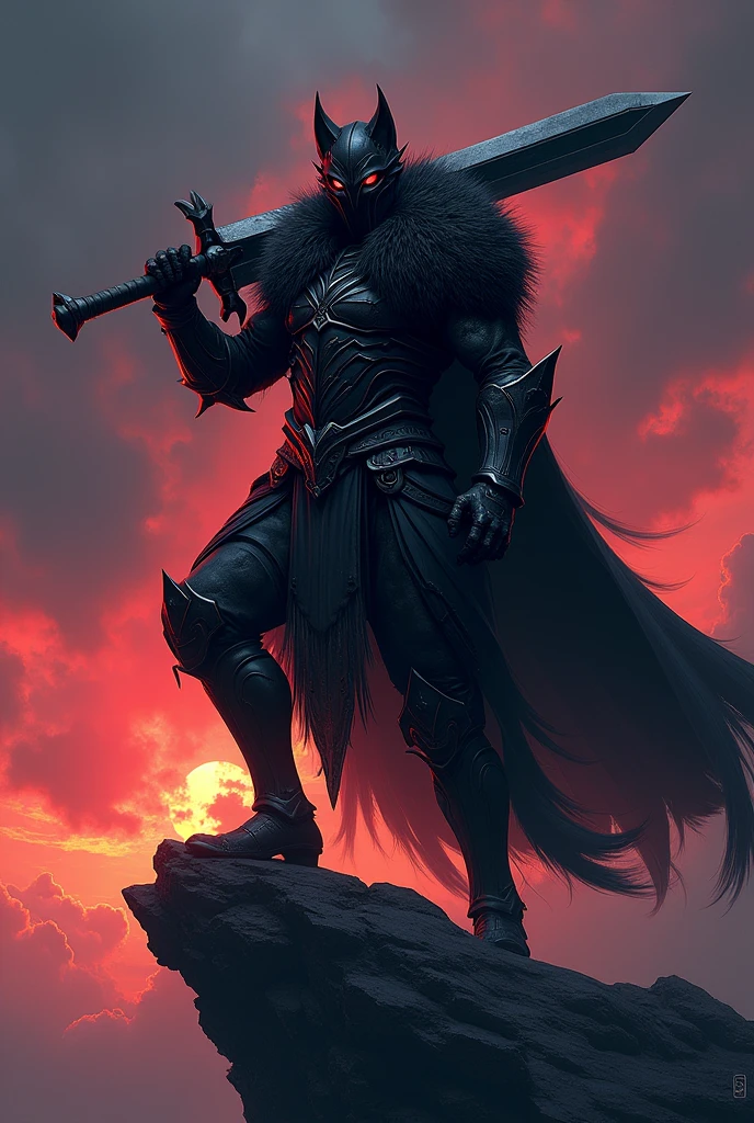 Guts (Berserk), Digital painting featuring a dark, fantasy-themed scene with anatomically correct human Guts berserk proportions, inspired by the style of Kentaro Miura, with a Seinen manga aesthetic. The layout is vertical, with the central subject being a humanoid figure in highly detailed, elaborate, dark armor, perched on a jagged rock formation. The figure has a wolf-like helmet with glowing red eyes and is holding a large, menacing sword over its shoulder. The armor is intricately detailed with sharp, angular designs and a fur-like texture around the shoulders and waist, showcasing a high level of realism. The background is a dramatic, stormy sky with hues of red, purple, and orange, suggesting a sunset or sunrise. The image is rendered in high-quality 4K resolution, with a focus on super detail and realistic textures. "Artvision1999",  anatomically correct, super detail, high quality, 4K