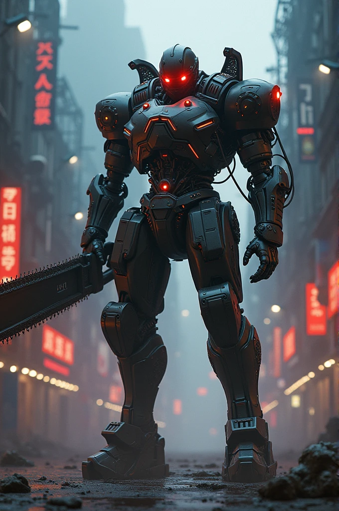 Dark_fantasy,cyberpunk,(chain saw,chain saw man,Red:1.1),1man,Mechanical marvel,Robotic presence,Cybernetic guardian,