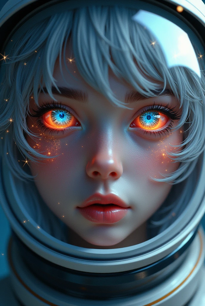 (Close-up of a better masterpiece:1.5)0.9], (Space and astronauts:1.2) (Messy silver hair:1.1) (Heterochromia xanthochromia and blue eyes:1.2) (Space Helmet:1.0) (Colored stars in the eyes:1.0) (A radiant glow:1.1) (thick lips:0.9)
