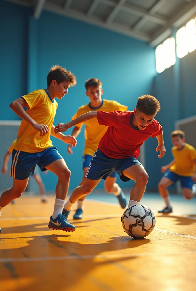 Teenage boys playing futsal in real life