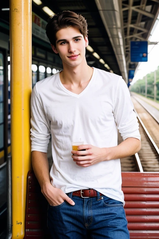 Young cute and handsome skinny white face beautiful soft skin 27 year old waiting for an old train