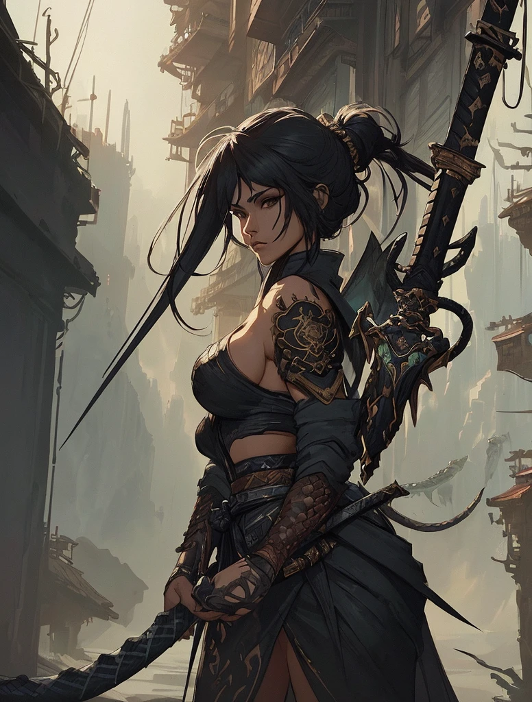 A close-up of a woman with a sword and a snake., spiritual fantasy concept art, deviantart art station cgscosiety, Beautiful full body concept art., warrior spirit, trend on artstation pixiv, ArtStation concept art, ArtStation concept, Concept art digital illustration, very beautiful cyberpunk samurai, illustration concept art, artgerm style, concept art character