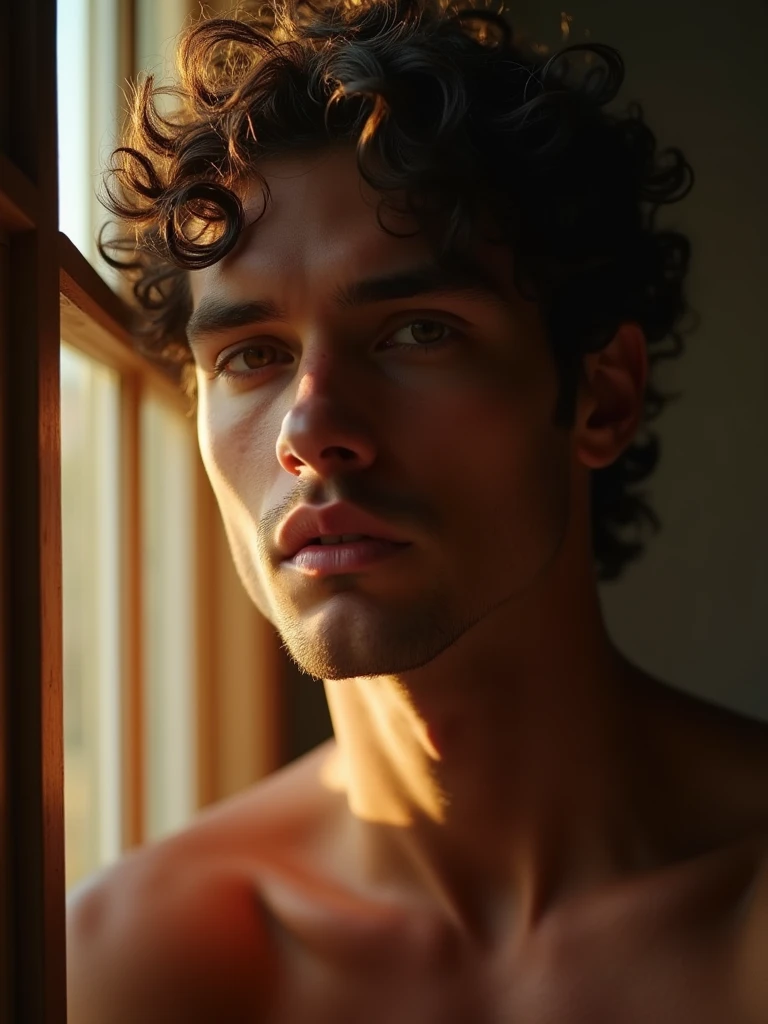 A handsome 30-year-old man with curly hair and brown eyes, sexy pose, sensual gay man, near a window sunlight, he is showing his beautiful anus, 8k, high quality, intricate details, cinematic composition, glowing skin, dramatic atmosphere, moody lighting, photorealistic