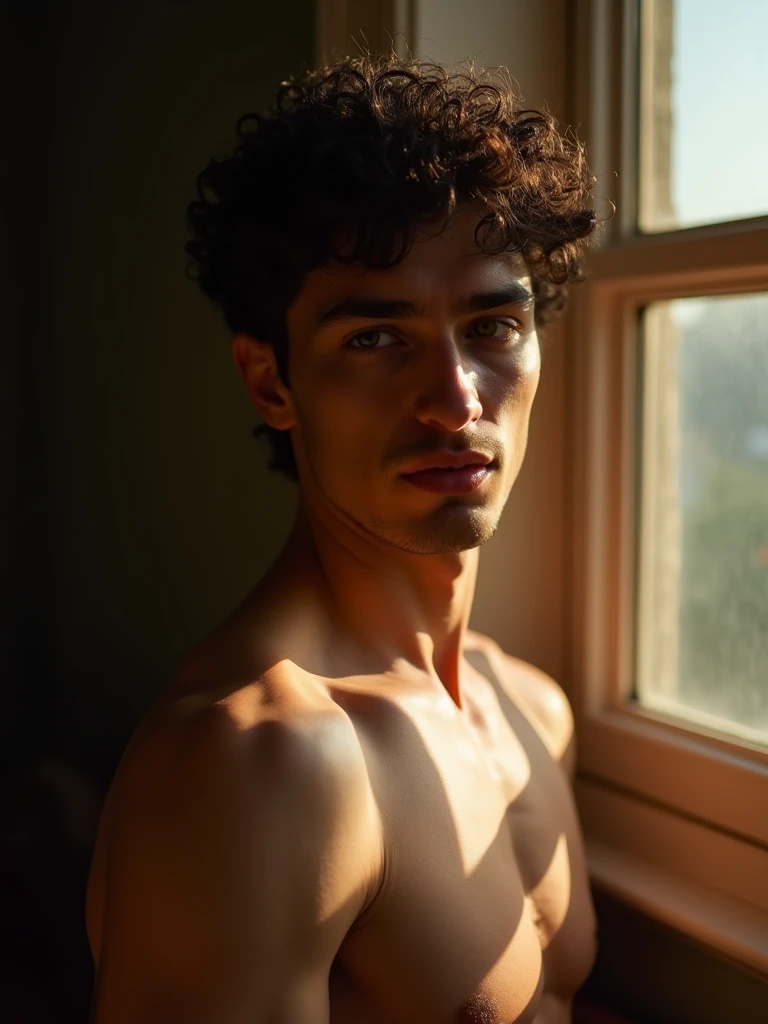 A handsome 30-year-old man with curly hair and brown eyes, sexy pose, sensual gay man, near a window sunlight, he is showing his beautiful anus, 8k, high quality, intricate details, cinematic composition, glowing skin, dramatic atmosphere, moody lighting, photorealistic