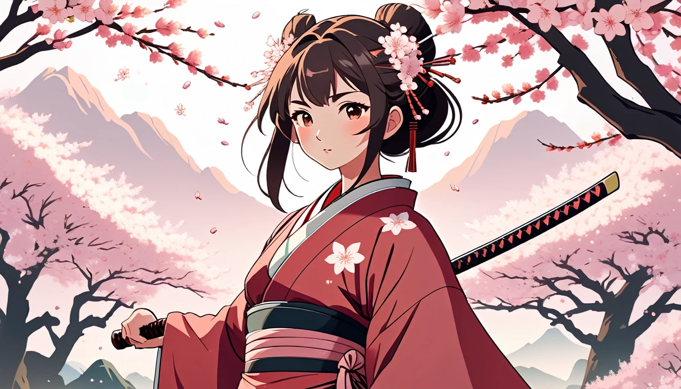 Female samurai, fan、cherry blossoms、Wide-angle lens, Lofi Anime, Lofi illustration, Aesthetic atmosphere, Lo-Fi Style, Vector art, Flat Design, Simple shape, Warm tones, Pleasant atmosphere, Chill, In anime style, Digital drawing, Vector art, Vector logo for t-shirt printing, (Adorable:1.5), (small:1.4), (Playful:1.2), (soft:1.3), (Whimsical:1.1), masterpiece, Highest quality, 8k, Intricate details, grow, Celestial, Mysterious, Picturesque, amazing, Majestic, Magic, Fantasy art, Cover art, dream-like