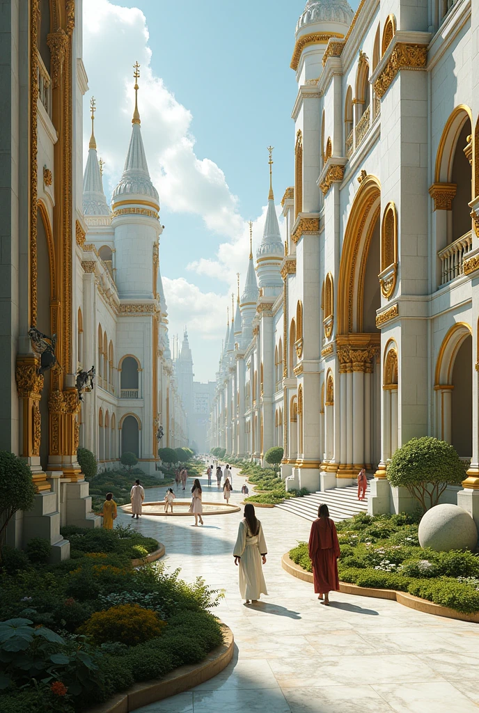 Photograph of future scifi city gothic architecture, with romanian architectural influences, gilded intricate decorations, very realistic photograph, white marble walls, shiny golden decorations, gardens and lots of people of all ethnicities walking around or flying, and lots of humanoid robots