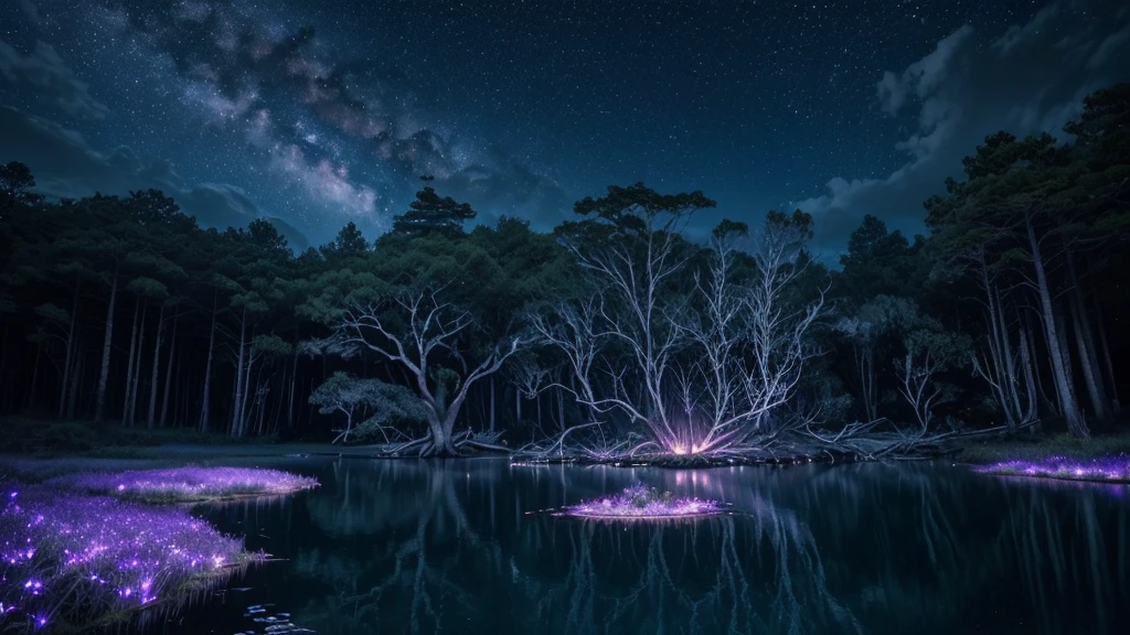 a spectacular night, Moonlit Ethereal Forest, glowing fireflies, mystical atmosphere, vibrant stars in the sky, serene lagoon reflecting the night sky, ancient temple in ruins, twisted and gnarled trees, dramatic lighting, dramatic shadows, film composition, fancy, surreal, (best qualityer,4K,8k,high resolution,work of art:1.2),ultra detali,(realisitic,photorealisitic,photo-realisitic:1.37),Detailed night sky, dramatic lighting e mal-humorada