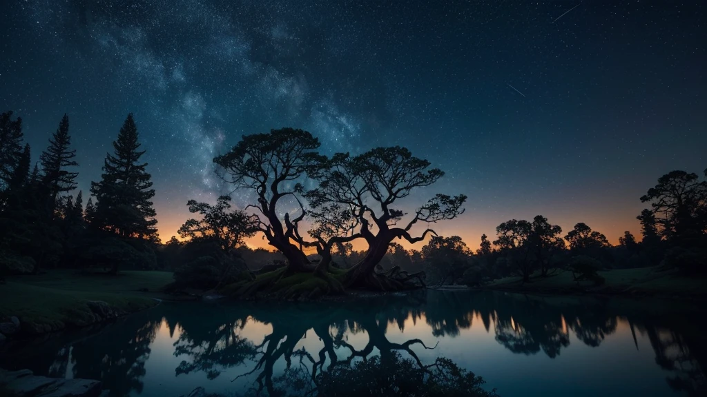 a spectacular night, Moonlit Ethereal Forest, glowing fireflies, mystical atmosphere, vibrant stars in the sky, serene lagoon reflecting the night sky, ancient temple in ruins, twisted and gnarled trees, dramatic lighting, dramatic shadows, film composition, fancy, surreal, (best qualityer,4K,8k,high resolution,work of art:1.2),ultra detali,(realisitic,photorealisitic,photo-realisitic:1.37),Detailed night sky, dramatic lighting e mal-humorada