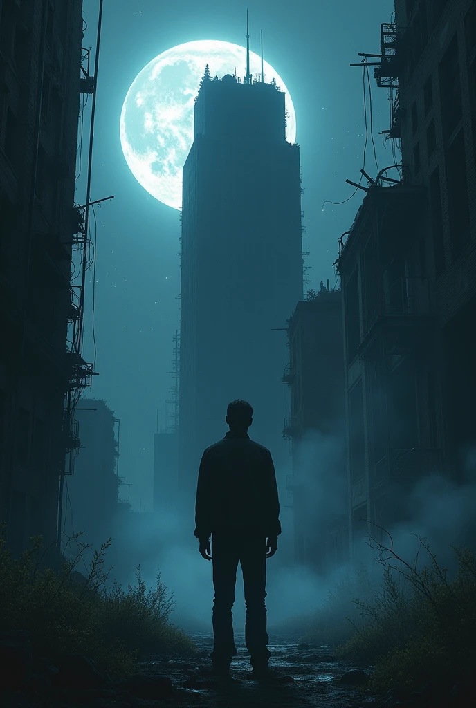 Show me picture of a guy standing in front of an abandoned skyscraper on a full moon with a degree of eerie aura emiting from the dilapidated building