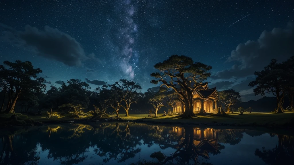 a spectacular night, Moonlit Ethereal Forest, glowing fireflies, mystical atmosphere, vibrant stars in the sky, serene lagoon reflecting the night sky, ancient temple in ruins, twisted and gnarled trees, dramatic lighting, dramatic shadows, film composition, fancy, surreal, (best qualityer,4K,8k,high resolution,work of art:1.2),ultra detali,(realisitic,photorealisitic,photo-realisitic:1.37),Detailed night sky, dramatic lighting e mal-humorada