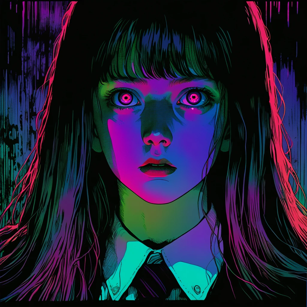 1man, illust、art、from 80s horror movie, directed by Junji Ito、exorcist、high detail, realsitic shadow、Analog style, vhs style, 8mm film, chromatic aberration, Dvd screengrab、Complementary color gradient