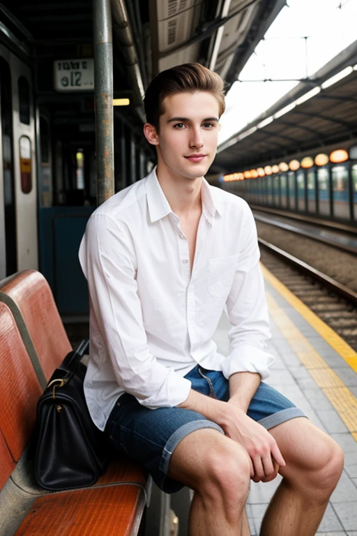 Young cute and handsome skinny white face beautiful soft skin 27 year old waiting for an old train