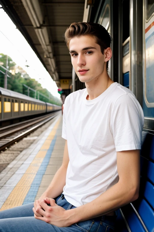 Young cute and handsome skinny white face beautiful soft skin 27 year old waiting for an old train