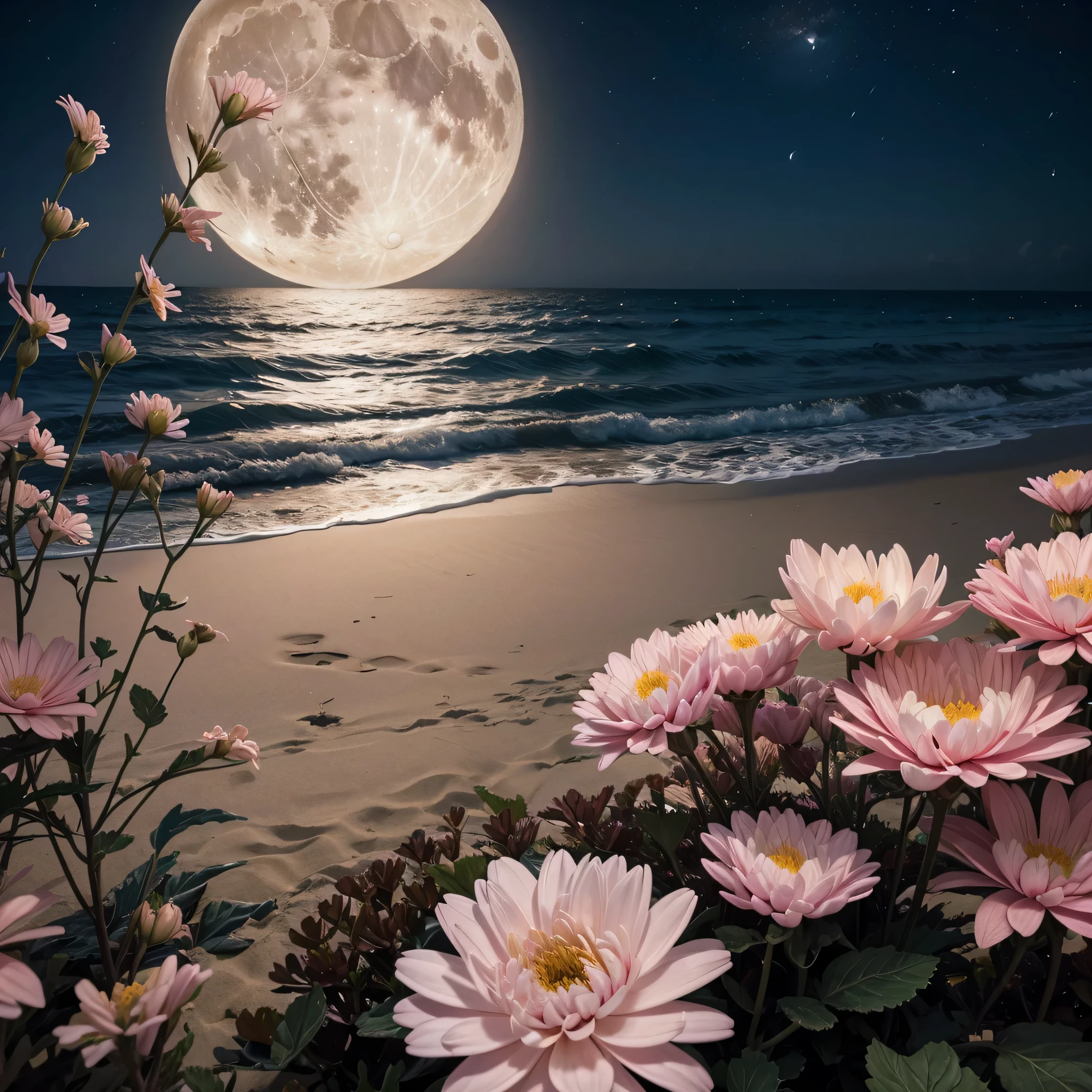 full moon night, on the edge of a beach, pink flowers, colorful chrysanthemums, delicate shells, beautiful moon