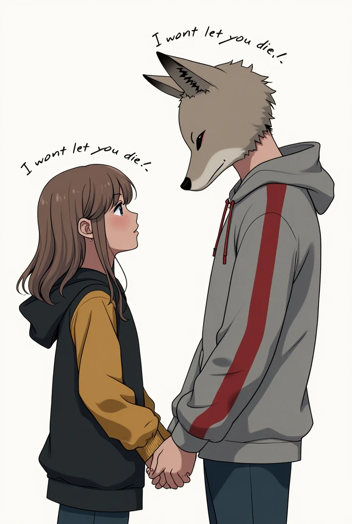 A simple line art piece of two people holding hand, one a 16 year old girl with a yellow shirt and a black hoodie with yellow sleeves, one a 16 year old boy with a gray hoodie with a red stripe on the sleeves and a fox mask covering his face, the boy saying "I won't let you die!" To the girl
