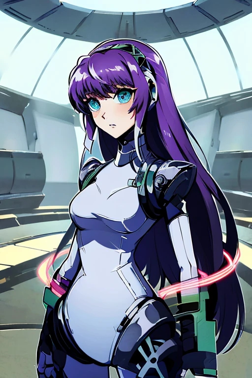 empty eyes,robotized woman ,big bust,Robot Joint ,Metal skin,Black Suit,long hair,a suit that covers the whole body,numbers suit(Mahou Shoujo Lyrical Nanoha),aegis(persona3)