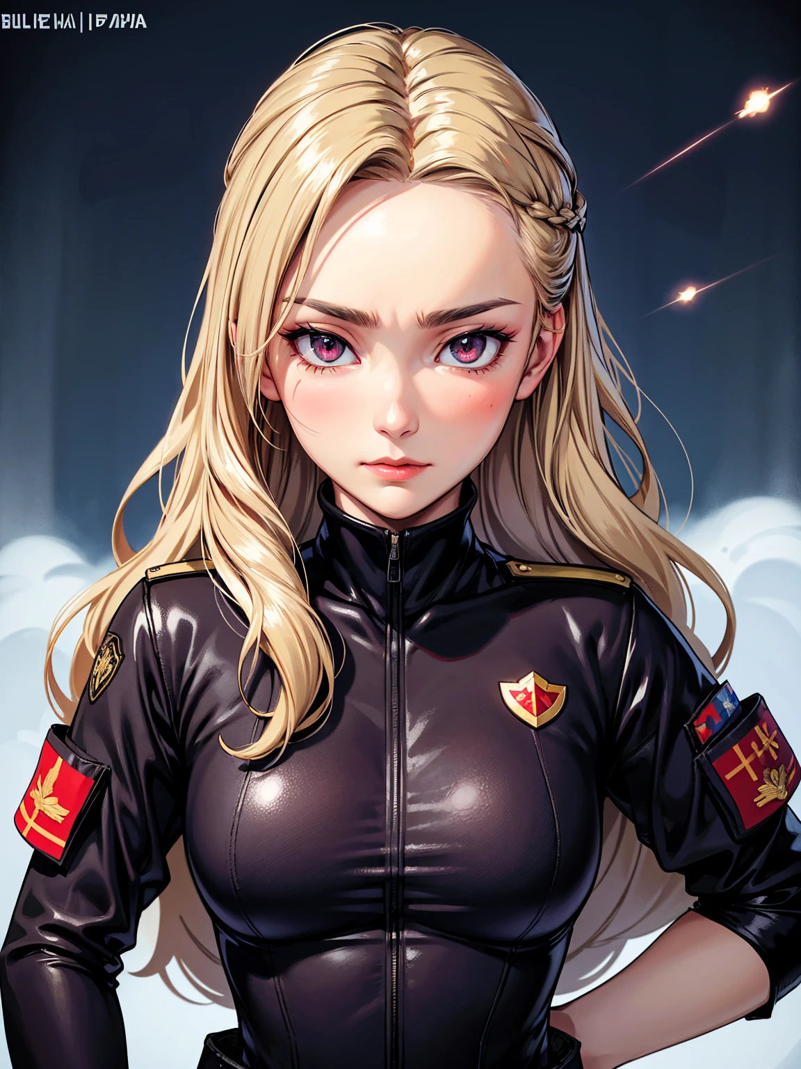 1girl (Name: Lena Petrova), Military Outfit, Night military base background, Pretty, Flat Cool Expression Face, Blushing Cheeks, 40 Year Old, {Long Wolfcut Hair}, Blonde, Sharp Eyes, Scar on Left Eye, Mature Woman, A MILF, Half Body
