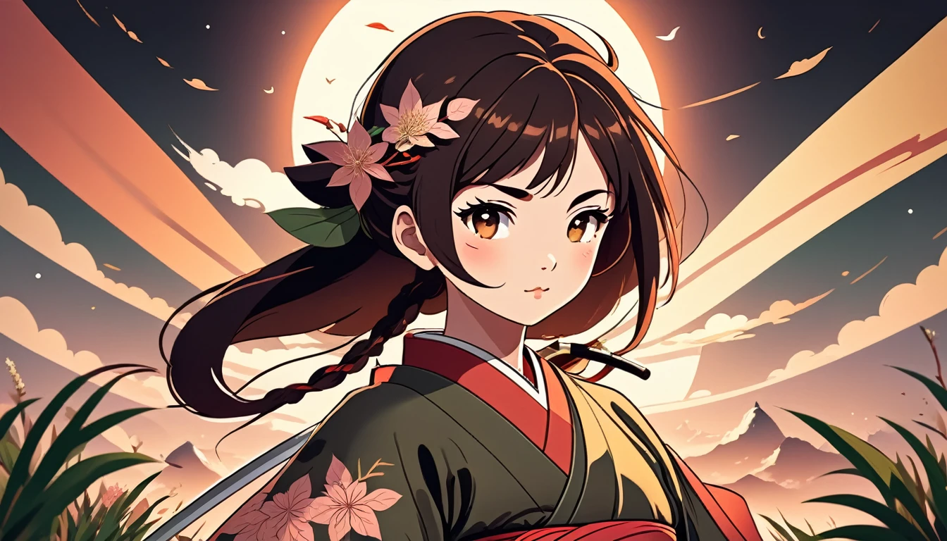 Female samurai, Wide-angle lens, Lofi Anime, Lofi illustration, Aesthetic atmosphere, Lo-Fi Style, Vector art, Flat Design, Simple shape, Warm tones, Pleasant atmosphere, Chill, In anime style, Digital drawing, Vector art, Vector logo for t-shirt printing, (Adorable:1.5), (small:1.4), (Playful:1.2), (soft:1.3), (Whimsical:1.1), masterpiece, Highest quality, 8k, Intricate details, grow, Celestial, Mysterious, Picturesque, amazing, Majestic, Magic, Fantasy art, Cover art, dream-like