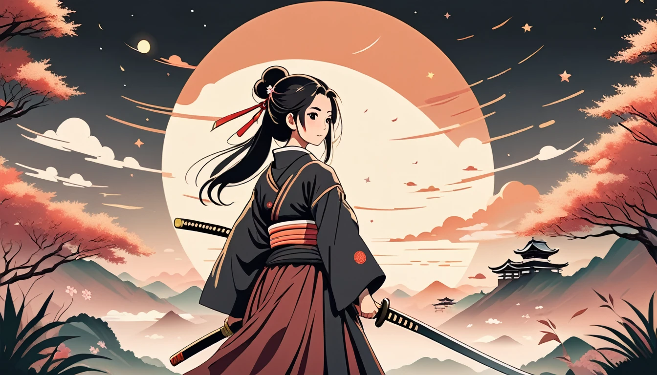 Female samurai, Wide-angle lens, Lofi Anime, Lofi illustration, Aesthetic atmosphere, Lo-Fi Style, Vector art, Flat Design, Simple shape, Warm tones, Pleasant atmosphere, Chill, In anime style, Digital drawing, Vector art, Vector logo for t-shirt printing, (Adorable:1.5), (small:1.4), (Playful:1.2), (soft:1.3), (Whimsical:1.1), masterpiece, Highest quality, 8k, Intricate details, grow, Celestial, Mysterious, Picturesque, amazing, Majestic, Magic, Fantasy art, Cover art, dream-like