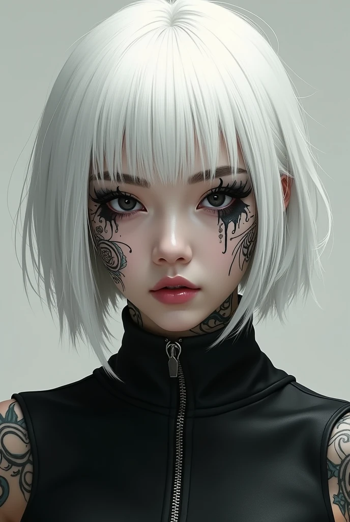 Asían girl with tattoos, white hair and BLACK eyes